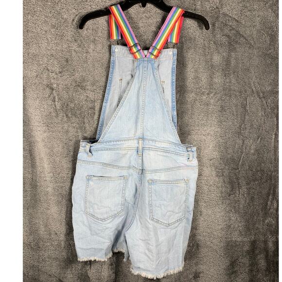 Overall Shorts Womens Medium Blue Denim Jeans Rainbow Details Festival Casual - Picture 2 of 15